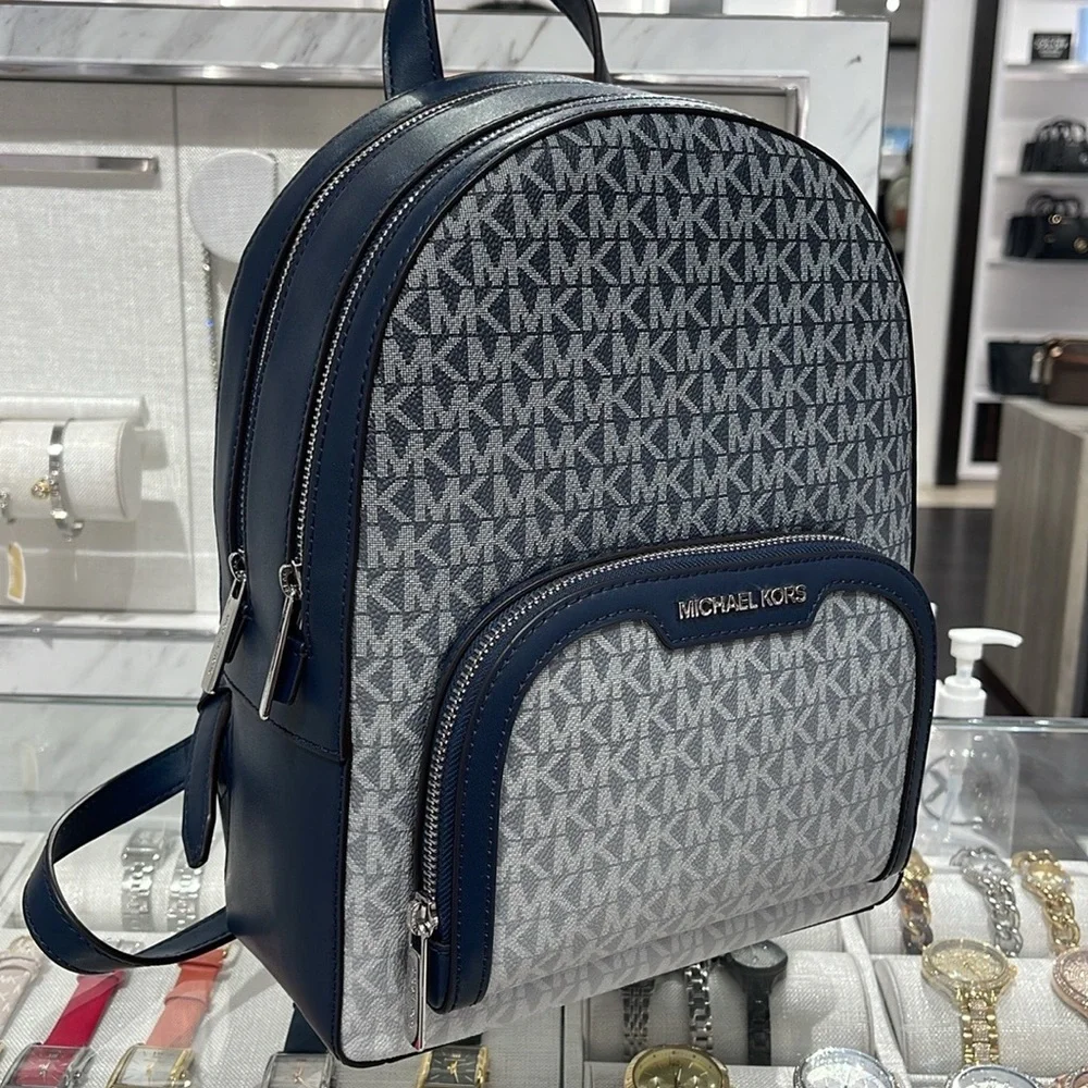 MICHAEL KORS Jaycee Medium Ombré Signature Logo Zip Pocket Backpack Navy NWT